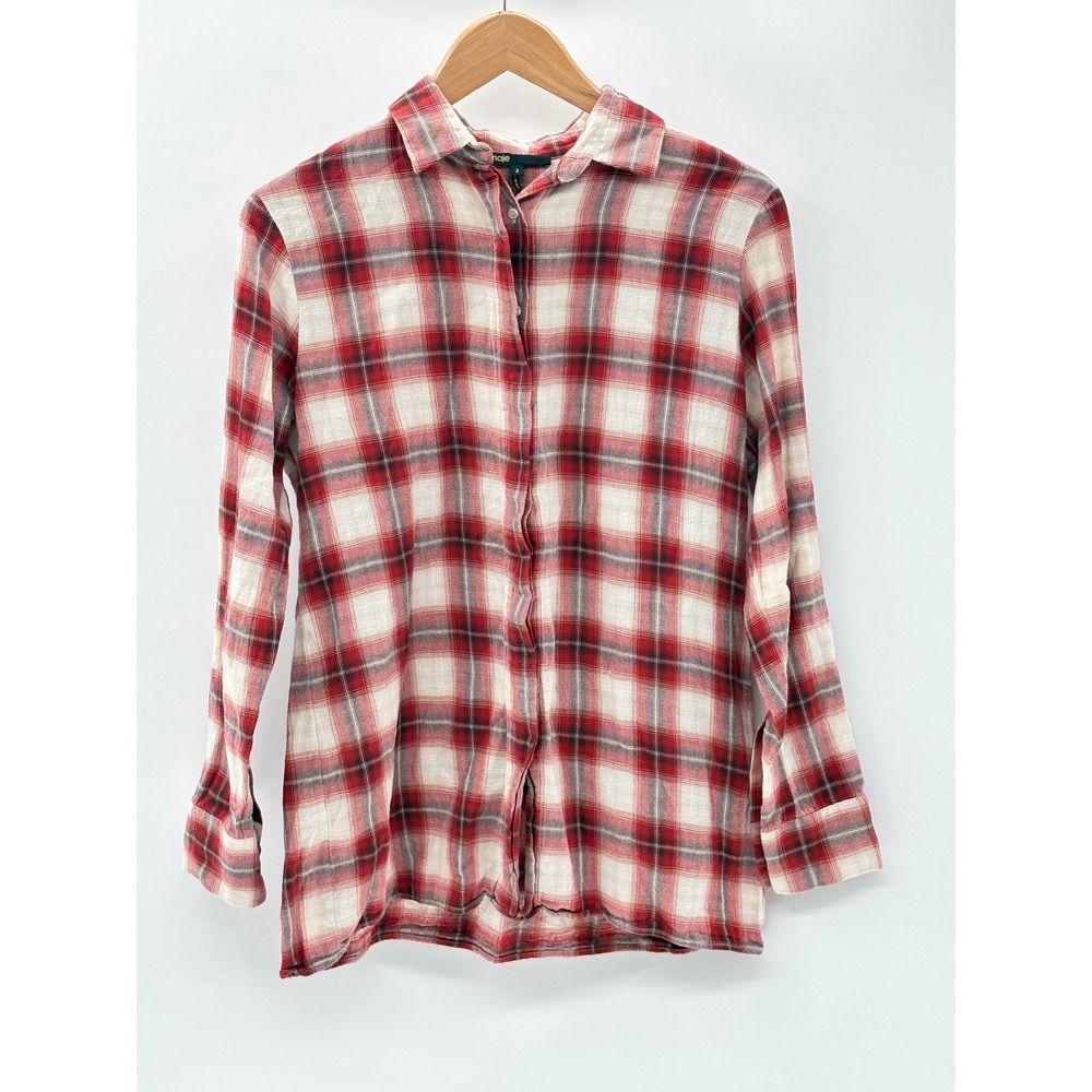 Maje Flannel Shirt Button Down Tartan Plaid Red White Grunge Women Size 3 Large